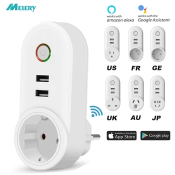 

Smart WiFi Power Plug Outlet Socket with USB Remote Control App Timer Function Compatible Amazon Alexa Google Home
