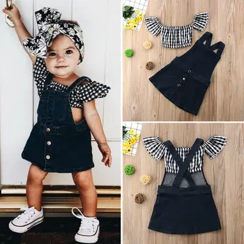

Toddler Kids Baby Girl Short Sleeve O Neck Plaid Tops Crop+Button Denim Suspender Skirt Overalls Outfits