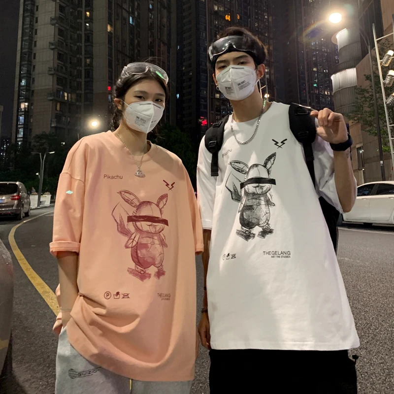 

Japanese Anime T Shirt Summer Tops with Pikachu Print Cute Couple Clothes Graphic Tees for Mens Oversized Pullover Streetwear