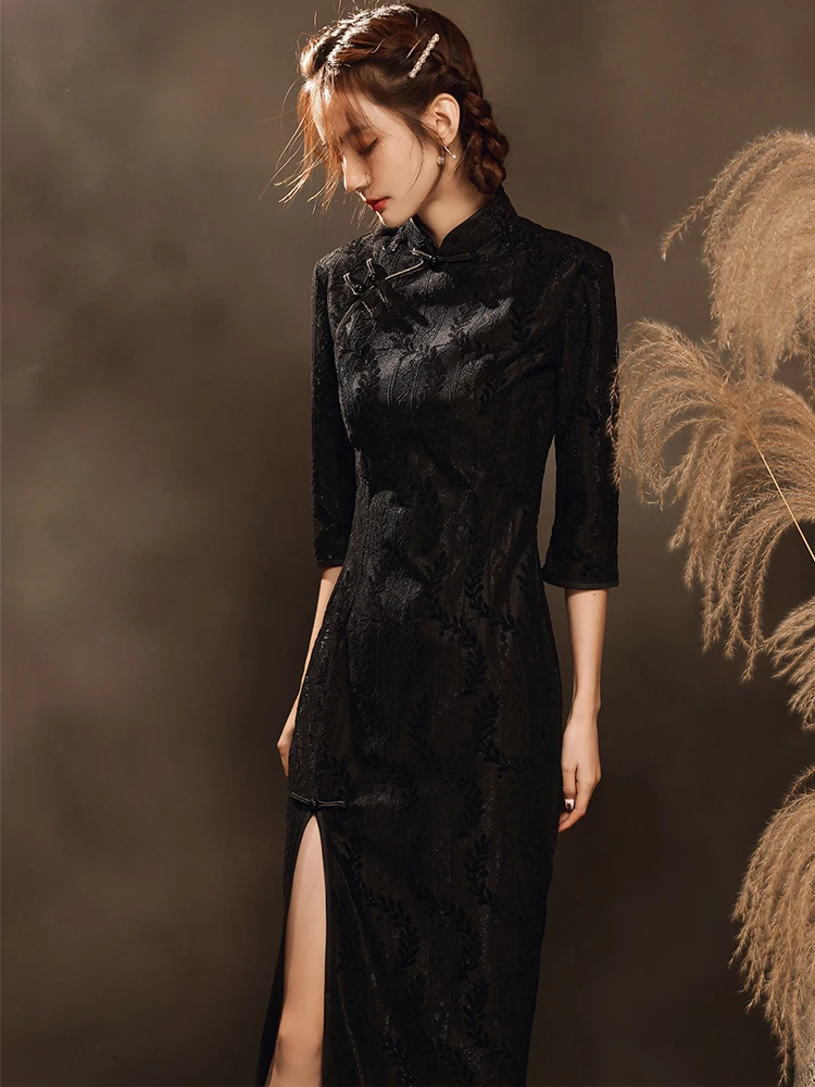 

Восточное платье, Черное женское платье большого размера, платье Ципао с длинным рукавом, современное длинное платье, женский костюм