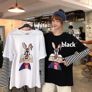 

Pure Cotton 2020 New Style Summer Wear Fashion Printed Stripes Long Sleeve Mock Two-Piece Loose-Fit T-shirt Students Women's