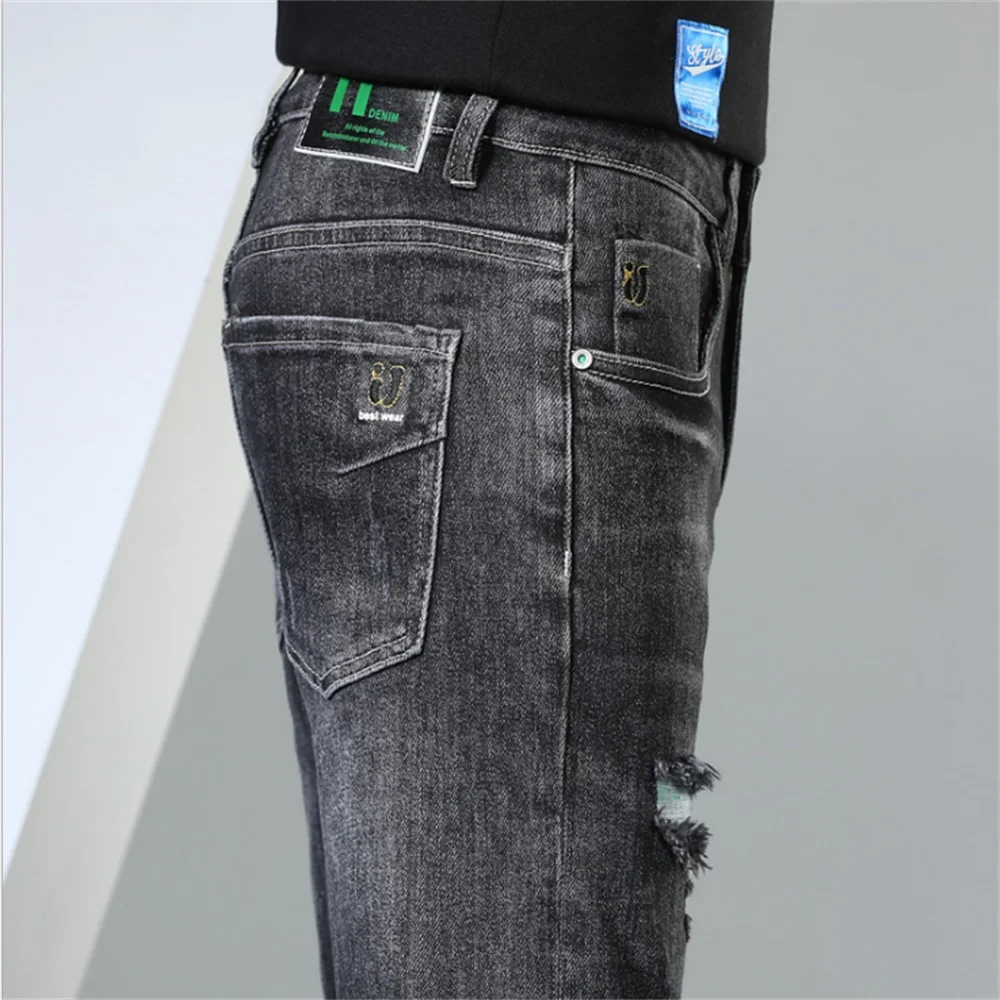 EH·MD® Embroidered Jeans Men's Stretch Word Art Decoration Youth Soft Casual Cotton Slim Pencil Pants Badge Pocket High Street