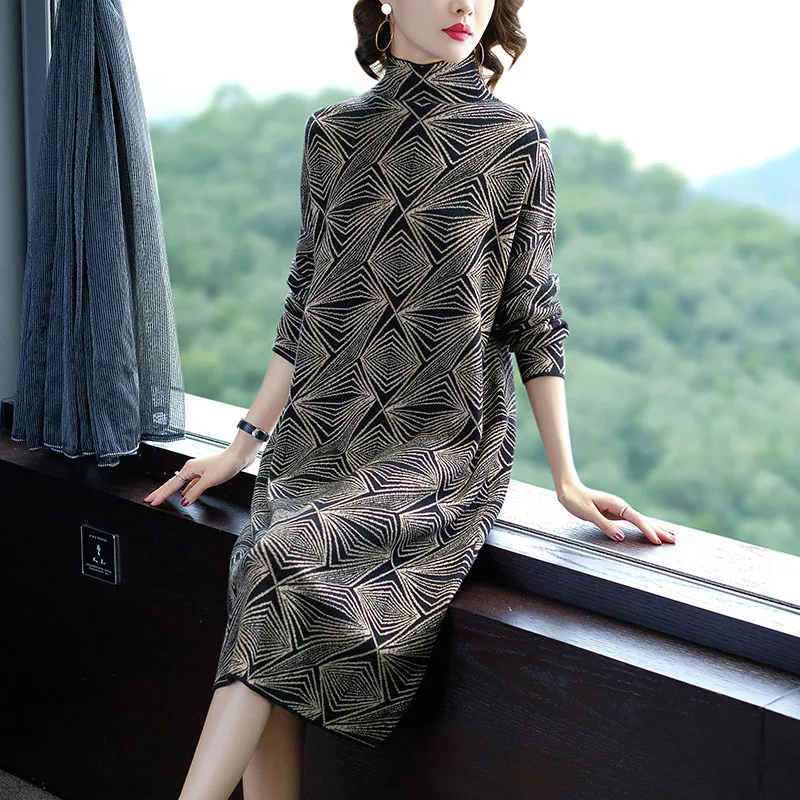 ^Cheap Women s Clothing Dresses Christmas sexy pullover jurken work sweater black golden geometric dress plus size loose 2019 autumn