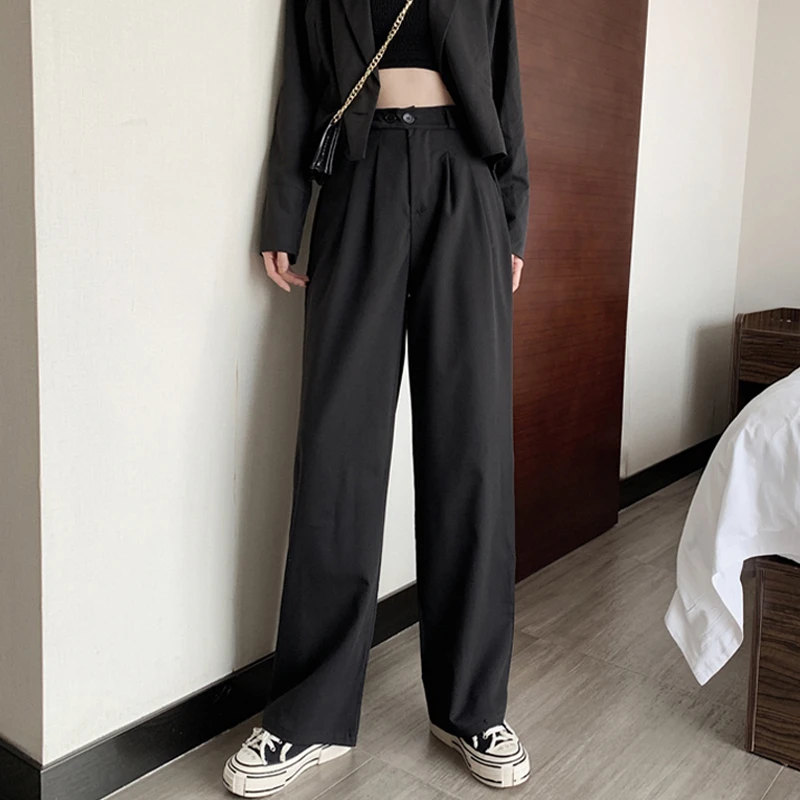 秋韓国ズボン女性 19 新ルースストレートパンツ黒カジュアルスーツパンツ女性ハイウエストスリムワイド脚パンツ パンツ カプリパンツ Aliexpress