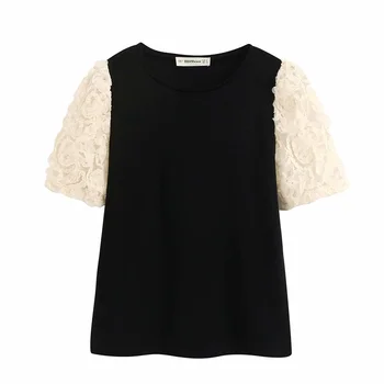 

2020 Spring Women's New Round Neck Knitwear Soft Touch Contrast Fabric Splicing Short Sleeve Splicing Sleeve Knitwear