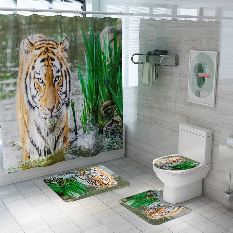 Ванная комната душевая занавеска в комплекте Животные Тигр Лев лошадь шаблон водонепроницаемый нескользящий стойка для тряпок стульчак унитаза набор ковриков для ванной DW070 - Цвет: 4pcs set A