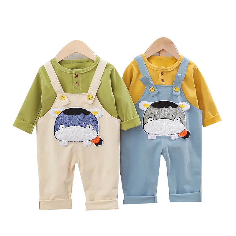 

Spring Autumn Toddler Casual Suspender Trousers Clothes Boys Girls Tshirt Pants 2Pcs/sets Tracksuits Kids Cartoon Sport Suits