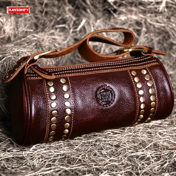 

2020 New Women's Bag Rivet Handbag Female Genuine Leather Shoulder Bag Cylindrical Messenger Bag Tide First Layer Cowhide Single