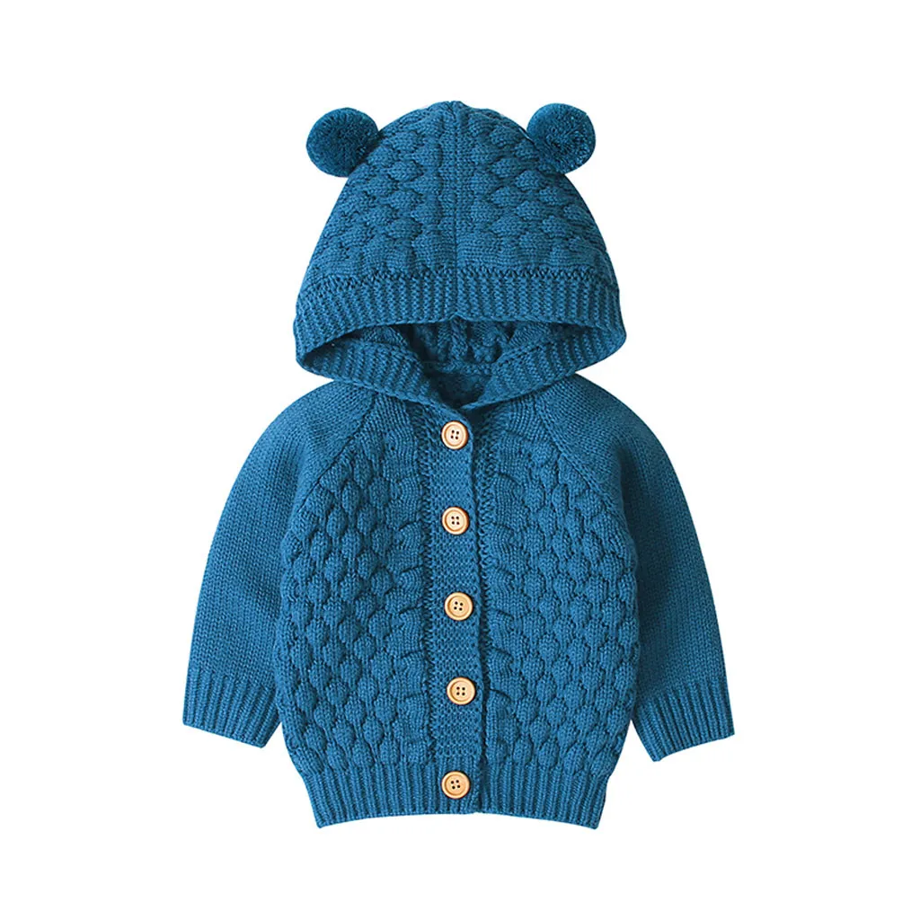 Зимний вязаный свитер для новорожденных девочек и мальчиков, Куртка теплое однотонное пальто с капюшоном и милыми ушками верхняя одежда, Одежда для младенцев детский свитер, Топ - Цвет: Blue