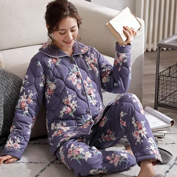 

2 Piece/lot Winter Women Pajamas set Sweet Thick Cotton Long Homewear Sleep Lounge 3XL Cotton Pajama Female Pyjama