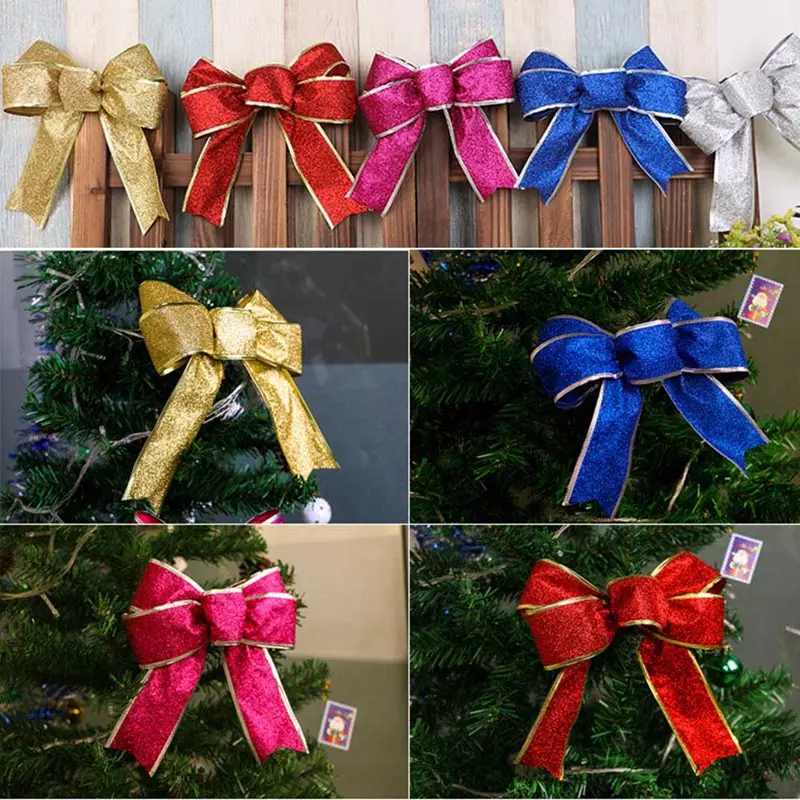 1pc Christmas Bow Decoration Christmas Ornament Size 10in/25cm Glitter Powder Bow Christmas Tree Pendant Gift