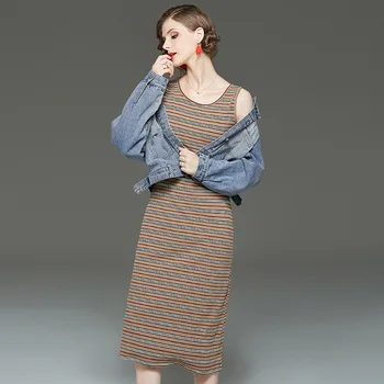 

Women Dress Set 2019 Autumn Ladies New Turndown collar long sleeve denim jacket Top + Sleeveless Dress Two Piece Set Female