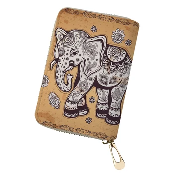 

Thikin Wallet Case Credit Card Holder Elephant Retro Polynesia Boho Printing Zipper Card PU Leather Female Women Mini Clutch Bag