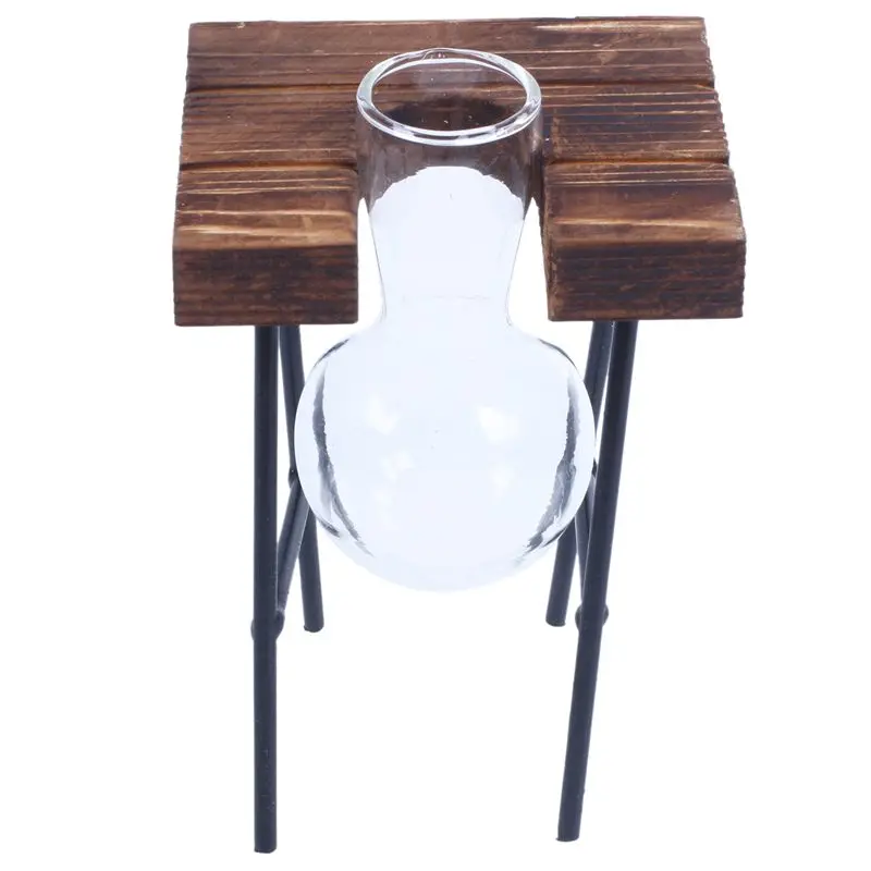 New-Fashionable Transparent Glass Vase with Wooden& Iron Stand for Water Planting Decoration Gift