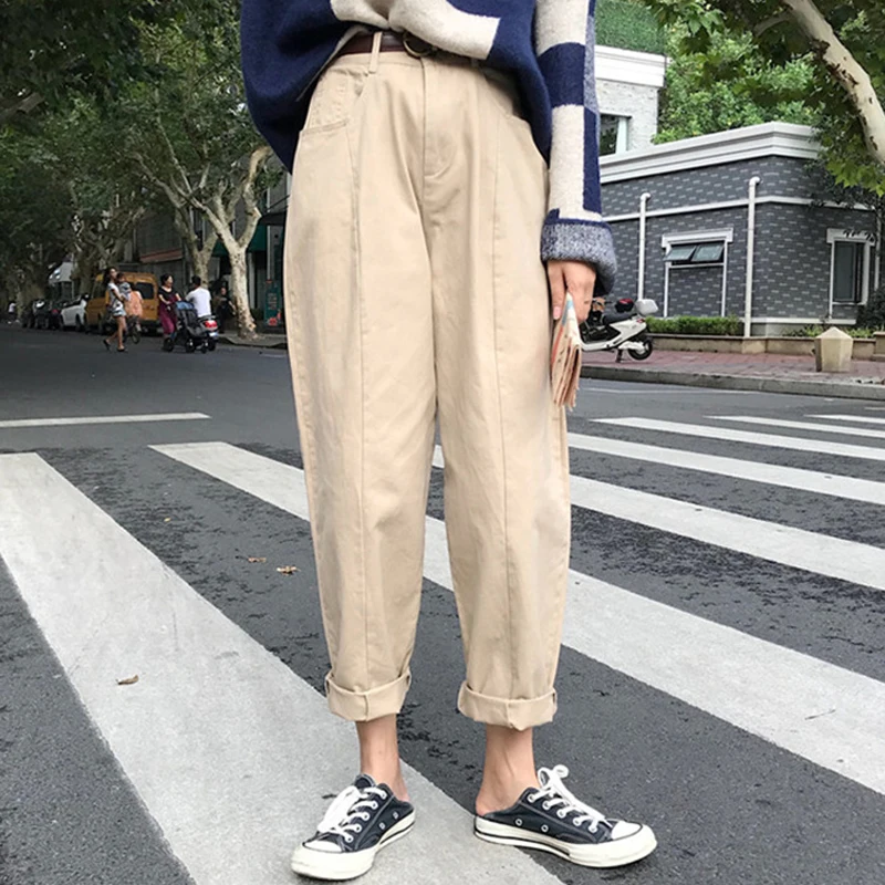 Khaki SHIJIA, повседневные свободные джинсовые штаны, женские брюки, женские широкие джинсы, Осень-зима, длинные штаны с высокой талией и пуговицами на молнии - Цвет: Khaki