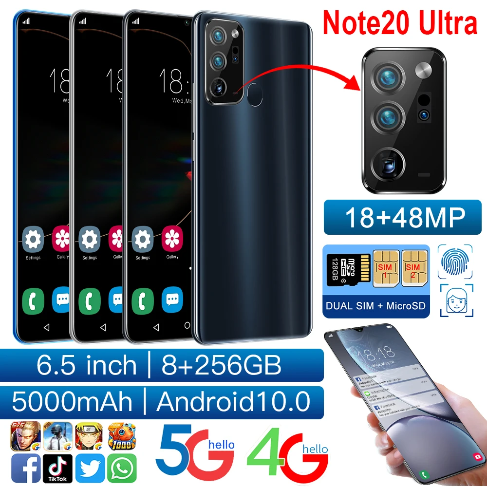 US $111.22 New Note20Ultra 65 Inch Ultrabook Mobile Phone 8G256G Smartphone Screen Fingerprint Unlock 4G 5G Cellphone Global Version