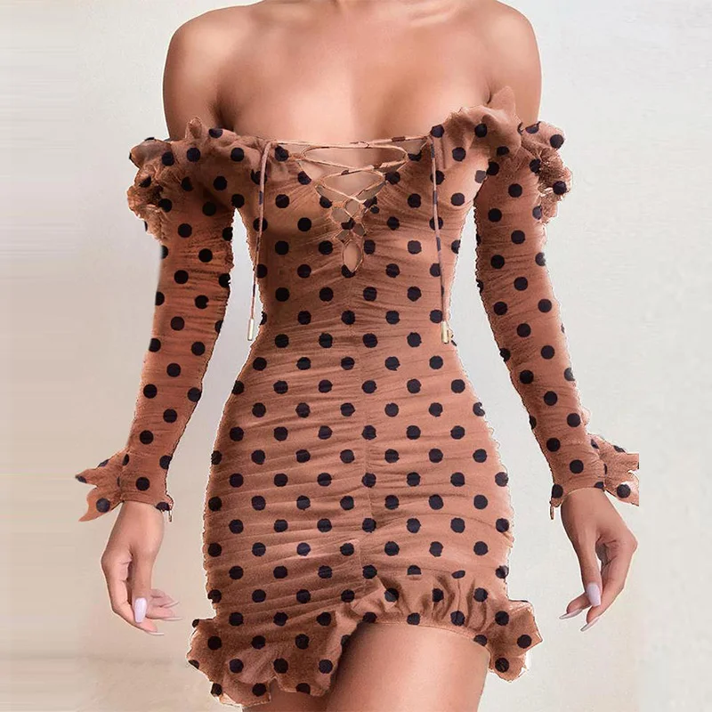 Polka Dot Off Shoulder Frill Lace-up Ruched Bodycon Dress