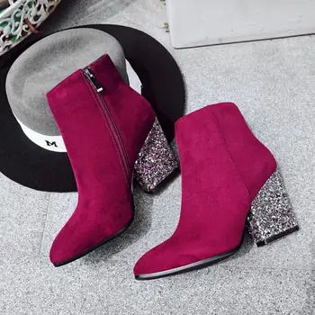 

Bling Chunky Heel Booties for Women Fashion Faux suede Winter Boots ladies Party Wedding Ankle Boots Black Red Gray Short Boots