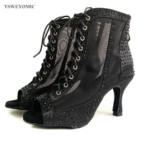 Black Rhinestones Dance Booties Suede Outsole 5cm 10cm Custtomized Bachata Salsa Latin Dance Shoes Outdoor Indoor