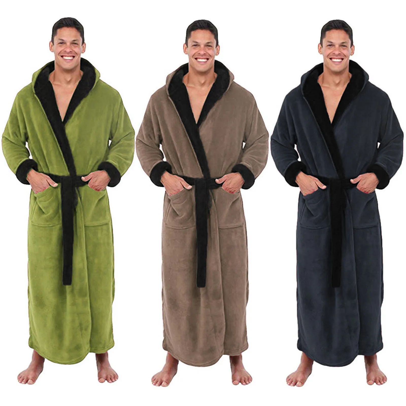 Male Flannel Robe Male With Hooded Thicken Warm Gown Men's Bathrobe