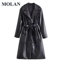 

MOLAN Woman Pu Leather Overcoat With Belt Fashion Bomber High Street Autumn Leather Long Coat Black Female Chic Outwear Jacket