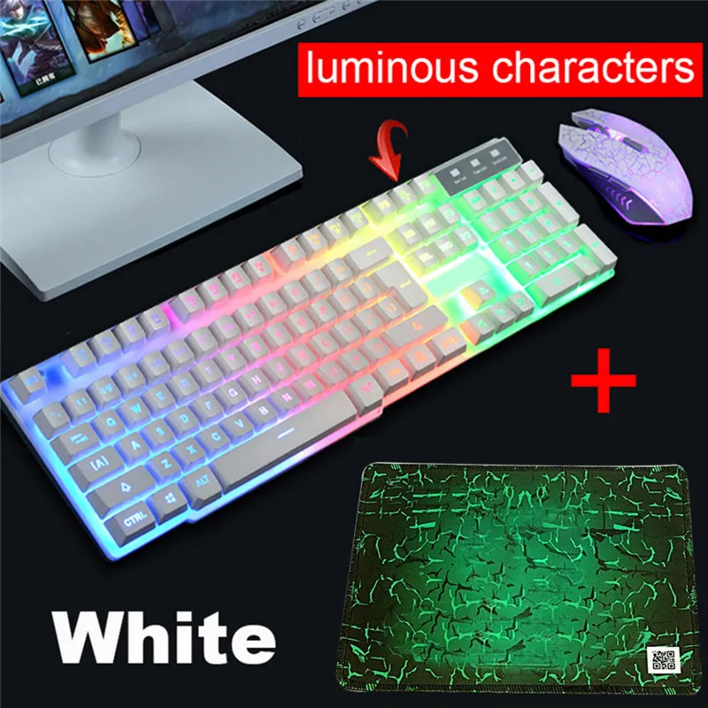 Проводной светодиодный мультимедийный Эргономичный Usb игровой клавиатуры мышь комбинированная подсветка оптическая геймерская мышь наборы+ коврик для мыши - Цвет: Белый