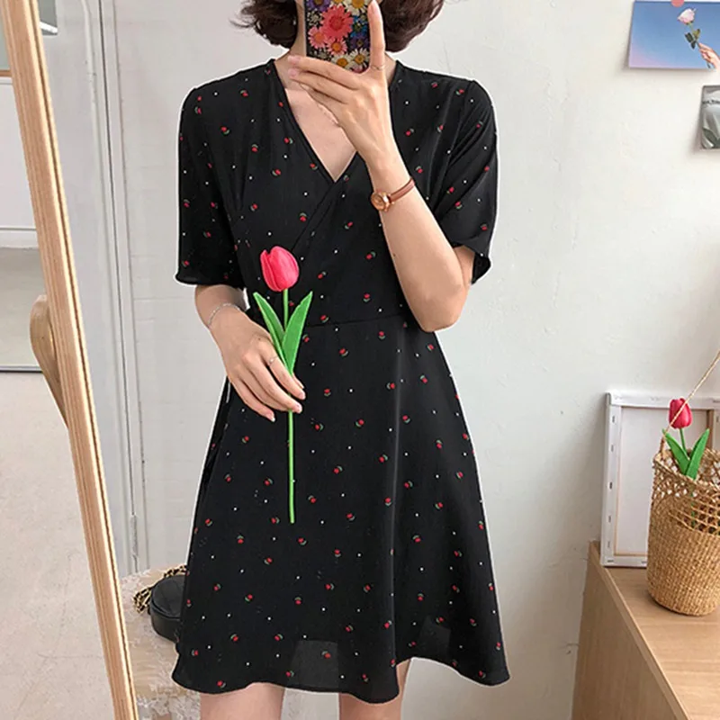 

Black Floral Print Dress Women's Fashion Small Fresh Dress V-Neck Short Sleeve Elegant Casual Lace Up A-Line Dress