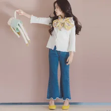 Для девочек; с юбкой-годе стиральная водные джинсы осенняя одежда в Корейском стиле-Стиль средних и больших размеров для детей в западном стиле Стиль модный длинный сковорода