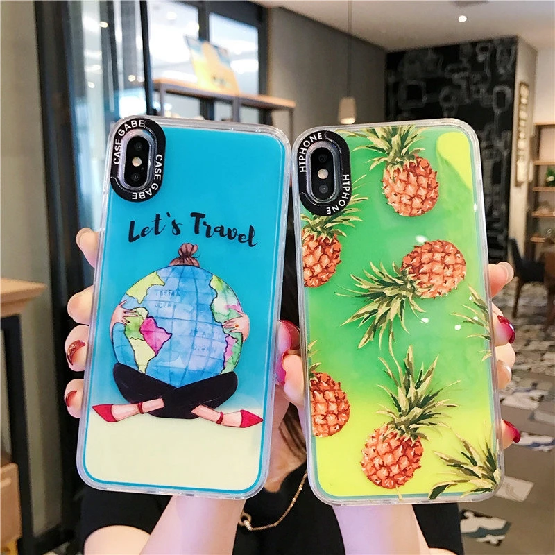 

Fresh pineapple Luminous quicksand case for iPhone XR XS Max X 6 6S 7 8 Plus Glow In The Dark Noctilucent dynamic Neon Sand case