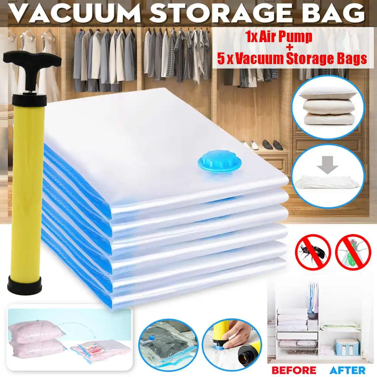 5pcs Folding Vacuum Storage Bags+Hand 