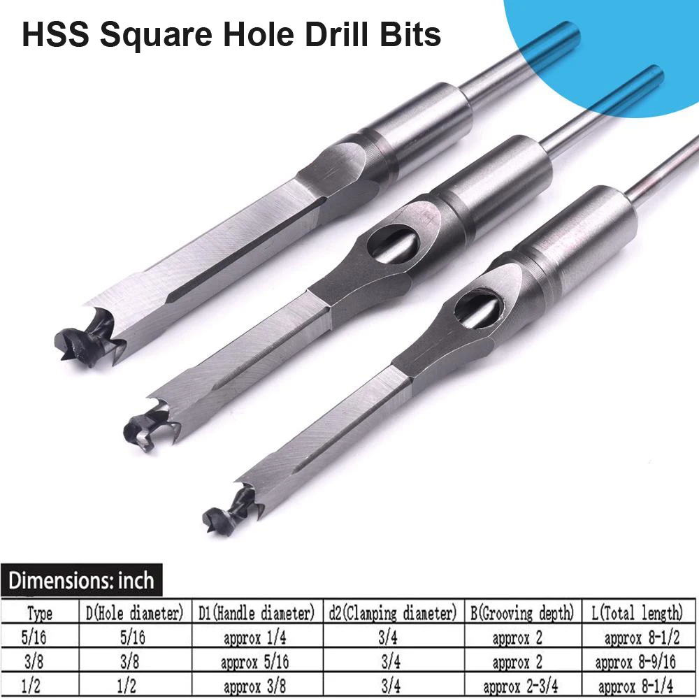 3pcs Square Hole Drill Mortising Chisel High Speed Steel Woodworking Tool Auger  5/16 3/8 1/2 Inch DIY Tools Wood Carving Drill cleaning brush wire brush spare parts stainless steel wire wood silver 205mm 8 07inch 3pcs set accessories replacement