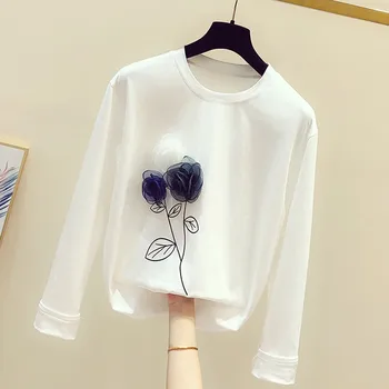

2020 summer new flower women t-shirts long-sleeved o-neck solid white female lady elegant pulls tops tees top quality