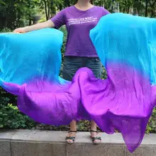 Бирюзово-фиолетовый, 1 пара(1 шт. справа+ 1 шт. слева) 1,5 м* 0,9 м(5"* 35") Ручная роспись танец живота Шелковый веер вуаль, настоящий цветастый шелк