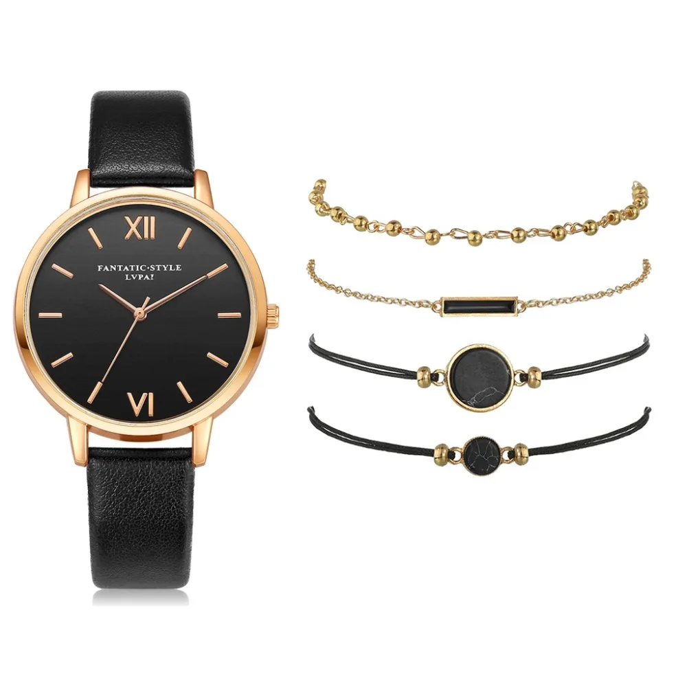 Montre à quartz en cuir de luxe pour femme, ensemble de 5 pièces