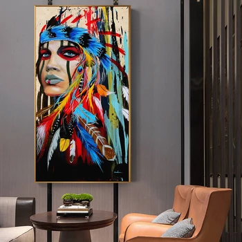

Modern Colourful Indian Woman Girl with Feather Oil Painting on Posters Prints Wall Art Picture for Living Room