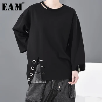 

[EAM] Women Black Vent Hollow Out Stitch Big Size T-shirt New Round Neck Long Sleeve Fashion Tide Spring Autumn 2020 OA88101