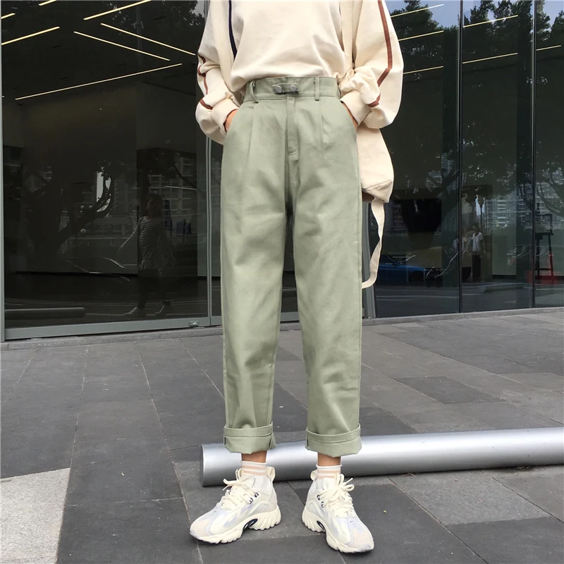 Jeans Women BF Straight Loose Solid High Waist Simple All-match Chic Casual Womens Trousers Harajuku Korean Pockets Fashion HOT