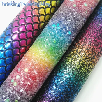 

Rainbow Glitter Fabric, Mermaid Faux Leather Fabric, Synthetic Leather Sheets For Bow A4 8"x11" Twinkling Ming XM273