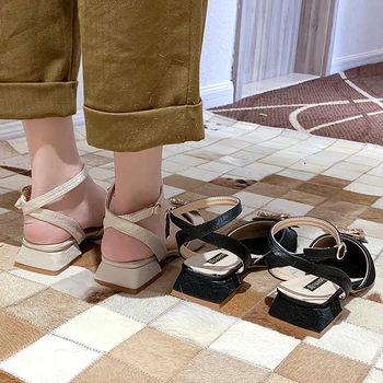 

Roman Sandals Block Heels 2019 Women's Ladies Shoes Summer Espadrilles Platform Suit Female Beige All-Match Med Gladiator