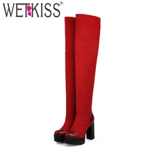 WETKISS Platform High Heels Boots Women Thigh High Boot Female Stitching Shoes Lady Round Toe Stretch Shoes Winter Plus Size 48