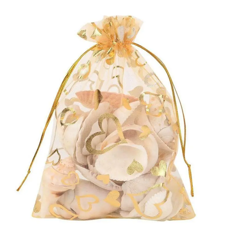 

Professional100Pcs 9x12cm Sheer Drawstring Heart Organza Jewelry Pouches Wedding Party Christmas Favor Gift Bags Gold