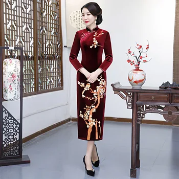 

Chinses Style Embroidery Flower Women Qipao Elegant Vintage Button Cheongsam Oversize 3XL-4XL Chinese Dress 3/4 Sleeve Vestidos