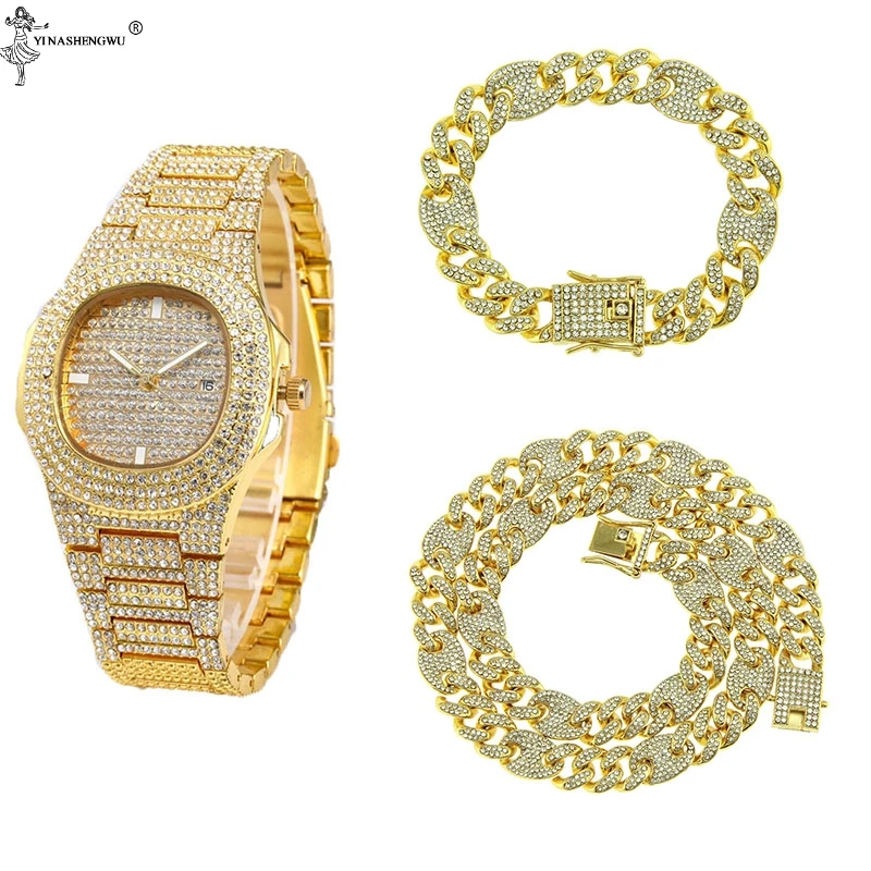 Necklace +Watch+Bracelet Hip Hop Miami Curb Cuban Chain Gold Color Iced Out Paved Rhinestones CZ Bling Rapper For Men Jewelry | Украшения и