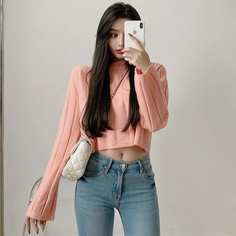 

Autumn New Style 2020 Korean-style Versatile Slimming Crew Neck Long-sleeved Pullover Solid Color Simple Short Knitted Sweater F