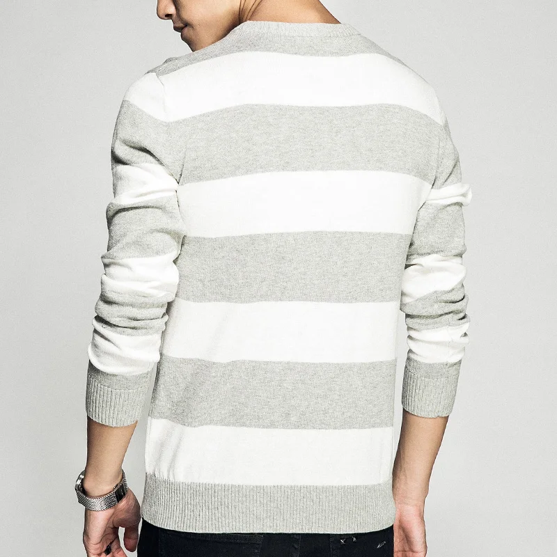 Повседневный полосатый мужской свитер, Новинка осени, лоскутные мужские пуловеры, мужские облегающие вязаные свитера с круглым вырезом для мужчин