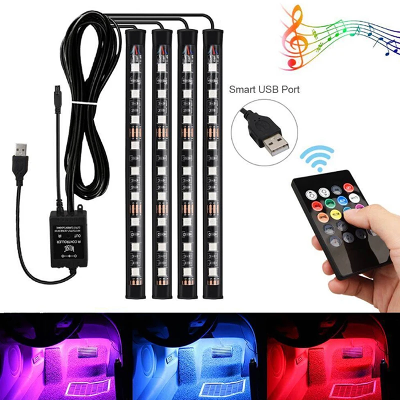 4x 9LED RGB Автомобильный интерьер атмосфера подножки полоса светильник USB зарядное устройство Декор лампа