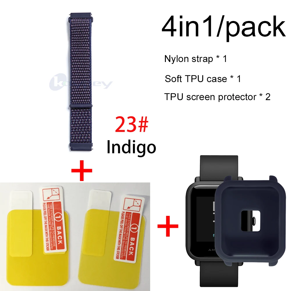 23-Navy blue case 4в1/упаковка нейлоновый ремешок для Xiaomi Huami Amazfit Bip BIT Youth Watch ремешок на запястье браслет Резина Amazfit bip мягкий чехол - Цвет: 23-Navy blue case