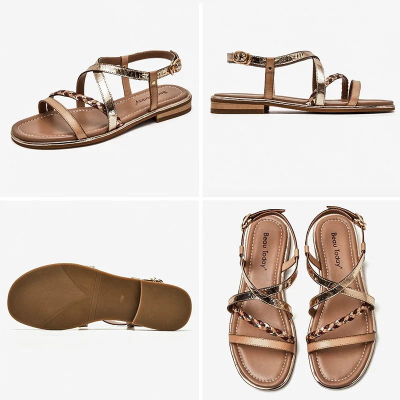 Gladiator Sandals Women Genuine Cow Leather Twist Band Designer Flats Slingback Summer Female Flat Heel Shoes women slingback sandals women flat shoes