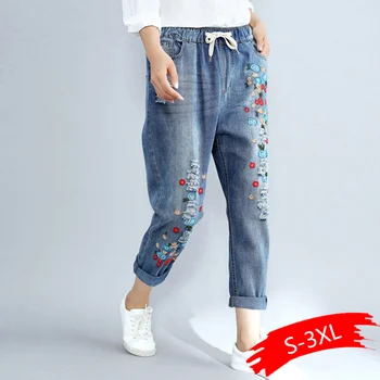

Plus Size 3XL Floral Embroidery Boyfriend Ripped Jeans For Women Harem Pants Lace Up Drawstring Denim Jeans Vaqueros Mujer
