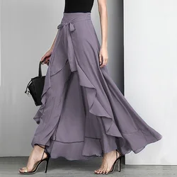 Palazzo – pantalon en mousseline de soie pour femmes, couleur unie, avec ourlet à volants, ample, élégant, taille haute, Slim, longue, printemps, été, 2021 